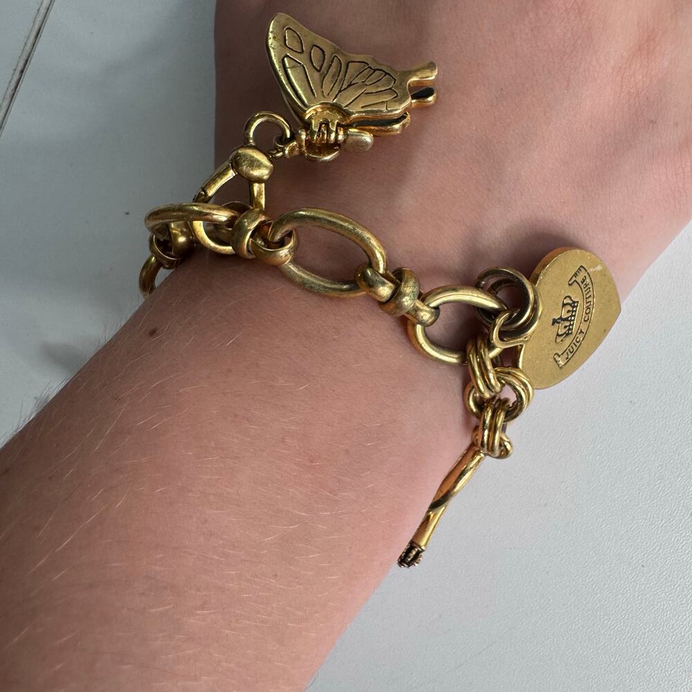 Juicy Couture Y2K Gold Tone Charm Toggle Bracelet Crystal Heart, Butterfly, Cat - Picture 5 of 7